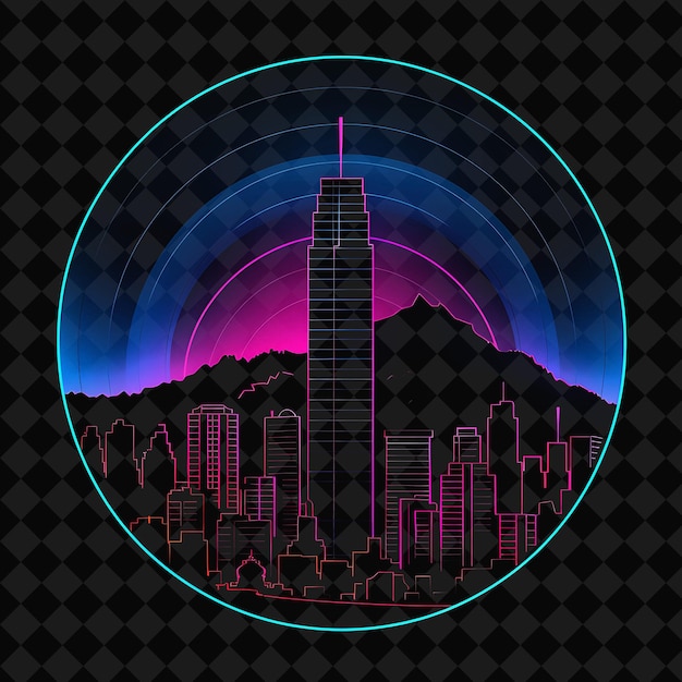 PSD lively neon santiago skyline inside a silhouette circle land png y2k monoline cityscape collage art