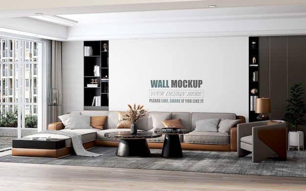 The living room has been designed in a modern style Wall mockup