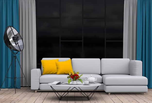 Living room interior in modern style with sofa and decorations.