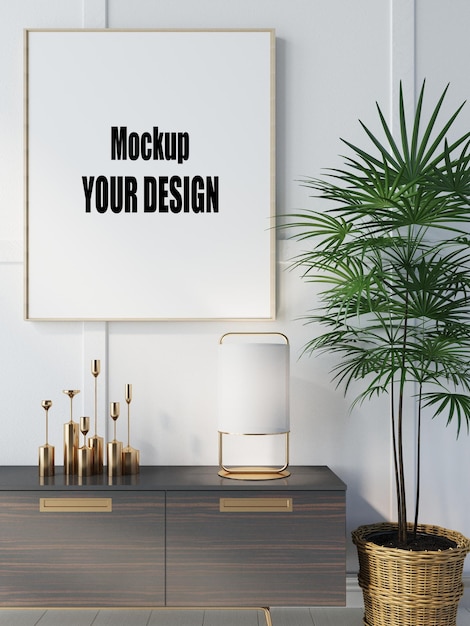 Living room with canvas frame poster mockup home interior 3d render