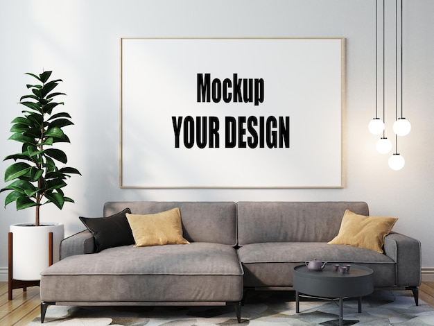 Living room with canvas frame poster mockup home interior Scandinavian style 3d render