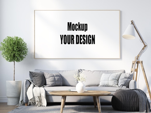 Living room with canvas frame poster mockup home interior Scandinavian style 3d render