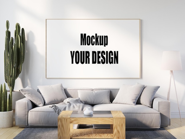 Living room with canvas frame poster mockup home interior Scandinavian style 3d render