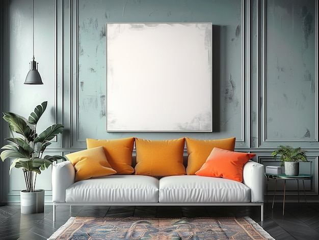 a living room with a couch and a painting on the wall