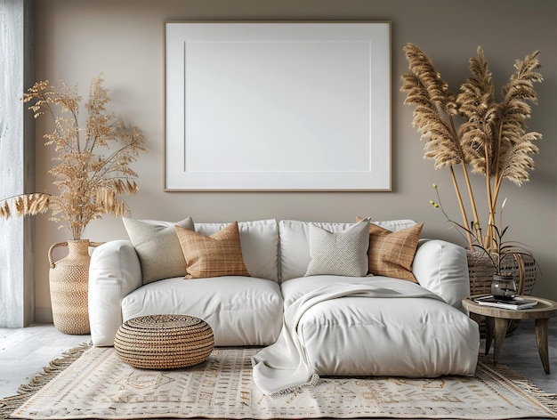 a living room with a couch and a picture on the wall