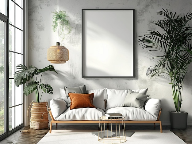 a living room with a couch and a plant in the corner