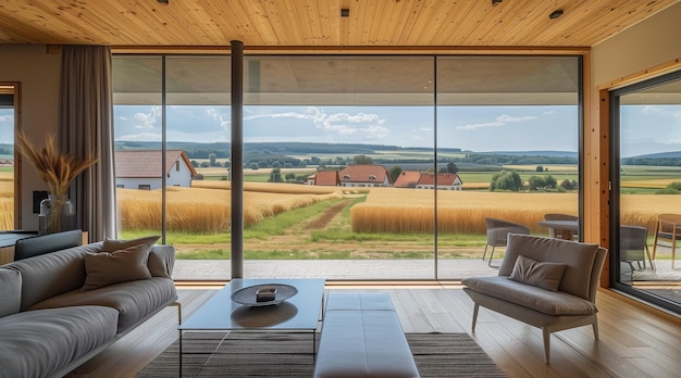 PSD a living room with a couch and a table with chairs and a view of the countryside