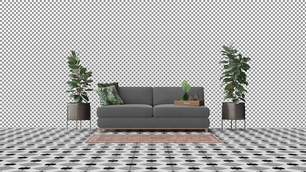 a living room with a gray couch and a planter