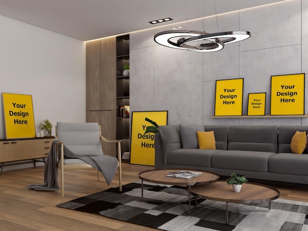 PSD a living room with a gray wall and yellow signs that say quot digital display quot