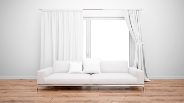 PSD living room with minimalist sofa and large window with white curtains