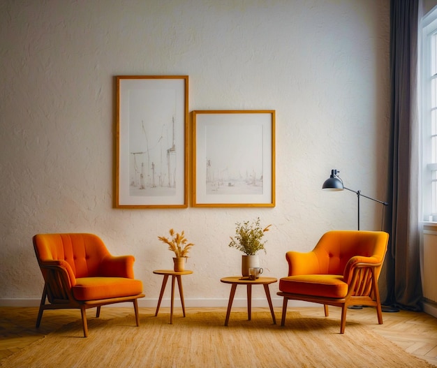 PSD a living room with orange chairs and a table with a picture of a man on it