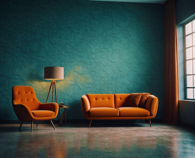 a living room with two orange chairs and a lamp on a table