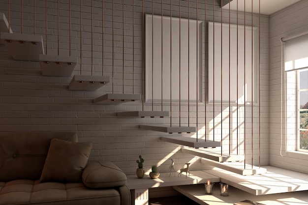 A living room with a white wall and a staircase with a white cushion on it.