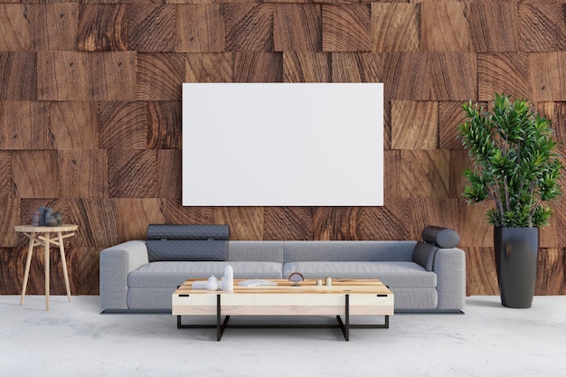 Living room with wooden wall and mockup frame