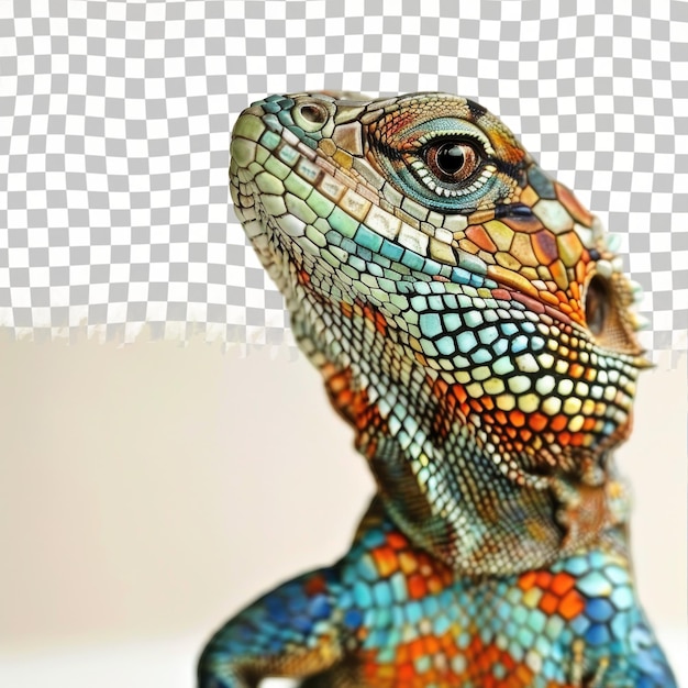 PSD a lizard with a colorful tail sits on a white surface