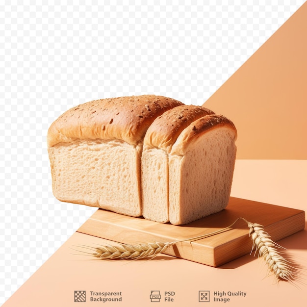 a loaf of bread sits on a wooden block with a picture of a loaf of wheat on it.