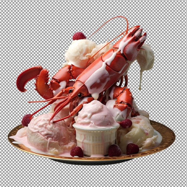 a lobster ice cream cone is on a plate with ice cream and ice cream