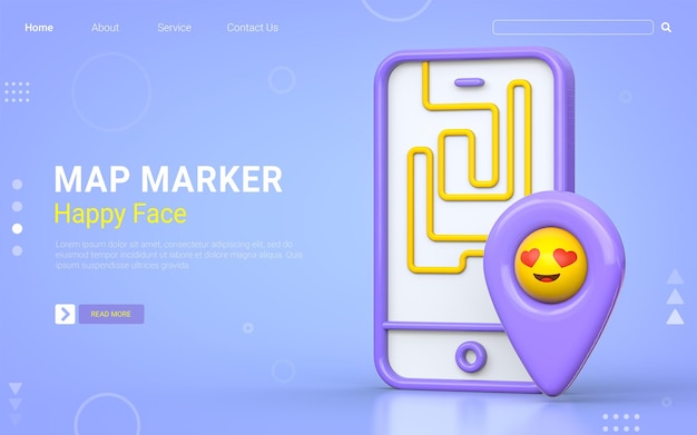 location map marker with happy smile emoji on mobile phone 3d render concept for web banner template