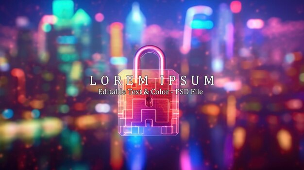 PSD lock icon hologram on city view with skyscrapers background multi exposure data security concept