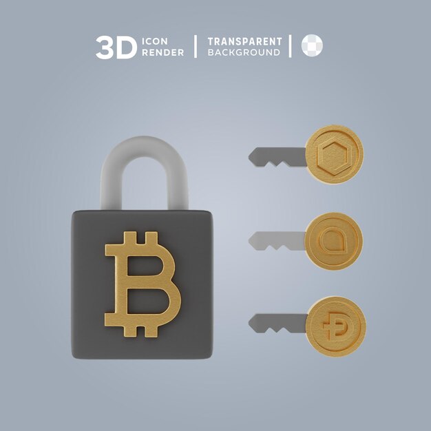 lock key bitcoin 3D illustration rendering 3D icon colored isolated