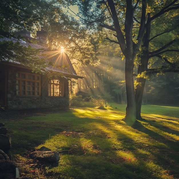 PSD a log cabin wiih sun shining through the trees scenic wallpaper