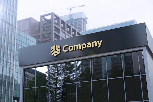 Logo mockup on black facade office building sign