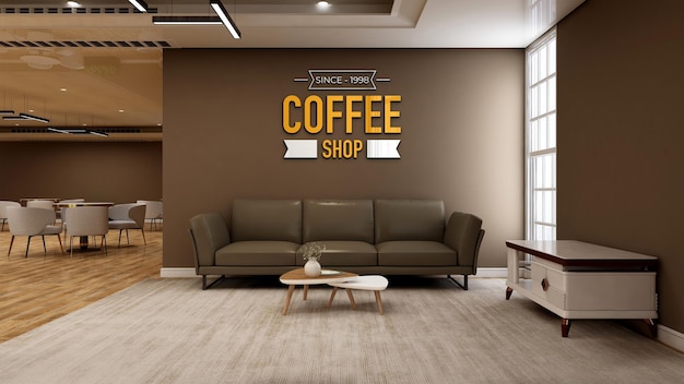 logo mockup in the coffee shop or cafe with sofa