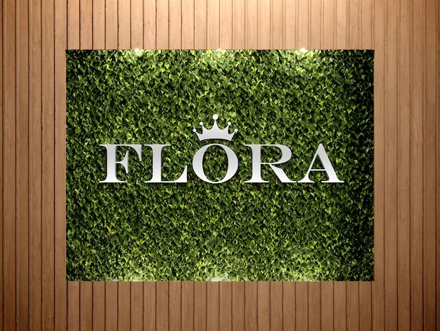 Logo Mockup on Green Grass Flora with Strip Wood Wall