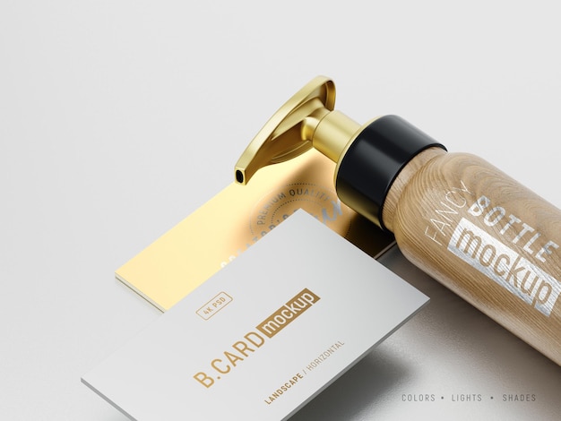 Logo Mockup on Luxury business cards and Cosmetic bottle with foil effects