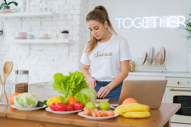 Logo mockup on a women's white t shirt