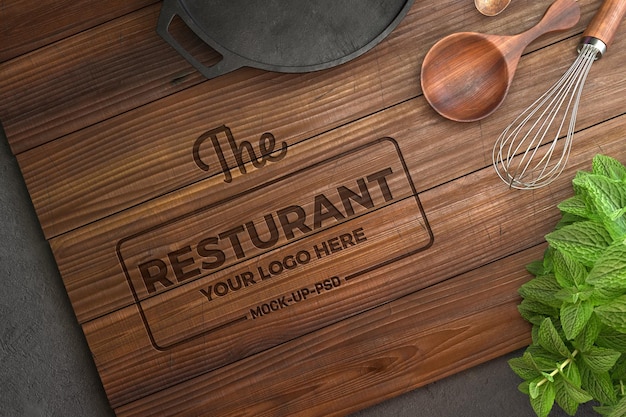 Logo mockup on wooden cutting board