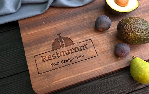 Logo mockup on wooden cutting board