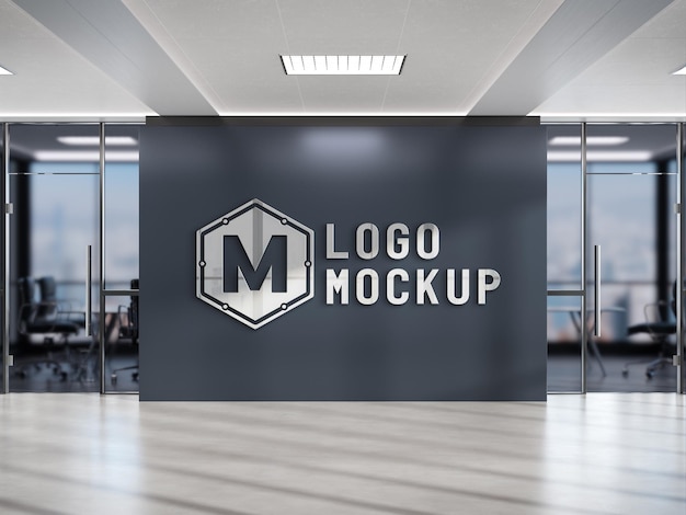 PSD logo on office wall with 3d metal effect mockup