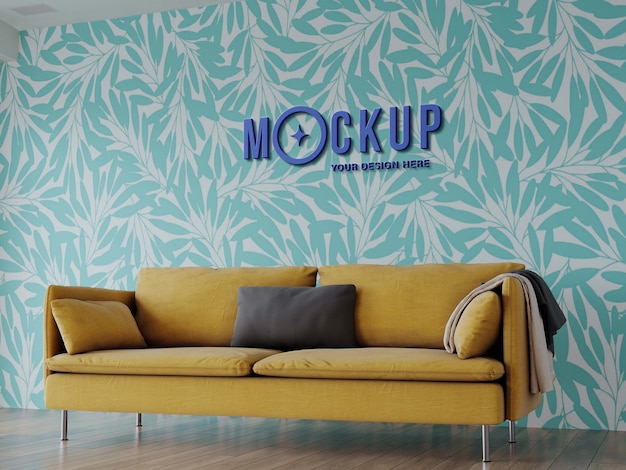 Logo on papered wall and couch