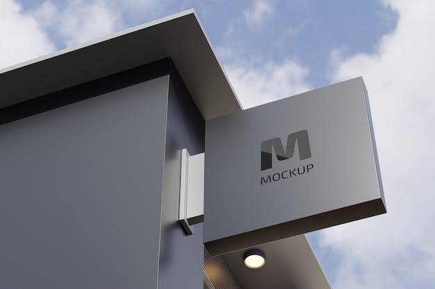 Logo sign mockup rectangle signage box on facade of office store building