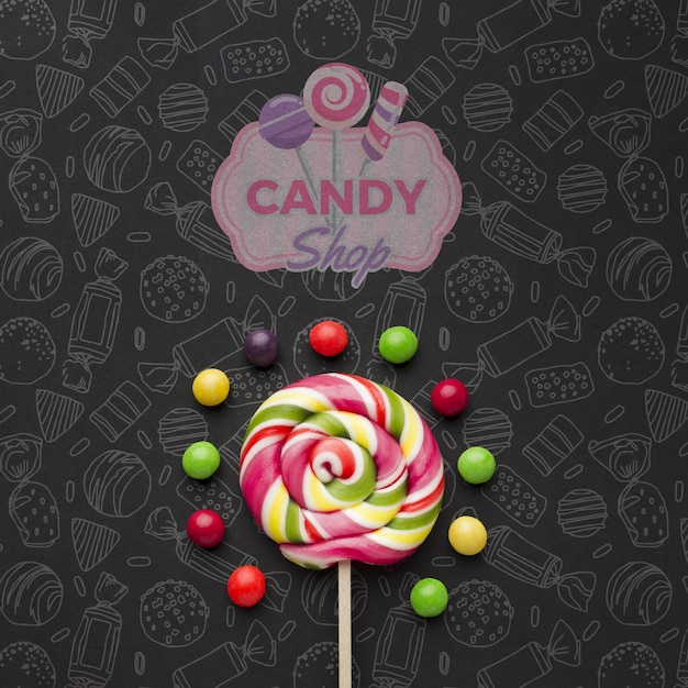 PSD lollipop with candies on table