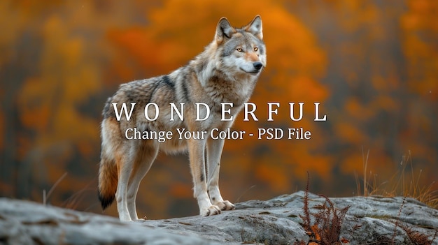 PSD lone wolf standing on a rocky outcrop with autumn foliage in the background