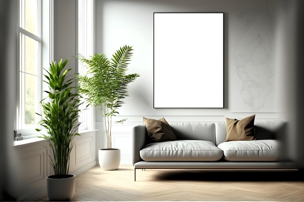 long empty frame picture mockup psd with indoor plants and sofa, blank indoor photo frame