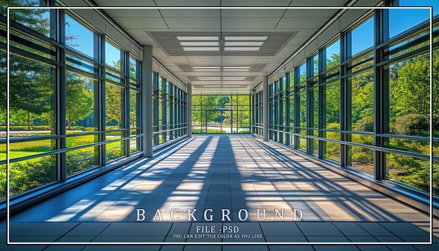 A long glass corridor with natural light shining through