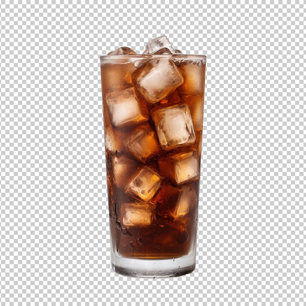 Long glass with coffee and ice cubes on a transparent background