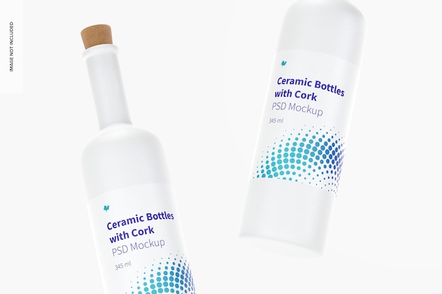 Long Neck Ceramic Bottles with Cork Mockup, Floating