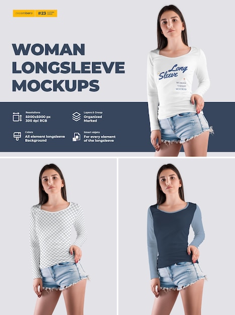 PSD long sleeve woman t-shirt mockup. design is easy in customizing images design t-shirt (t-shirt and sleeve), color of all elements thsirt, heather texture.