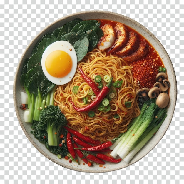 Long spicy noodles with collard chili flakes and an egg transparent background