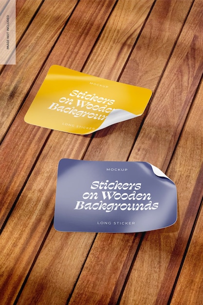 Long Stickers on Wooden Background Mockup, Side View