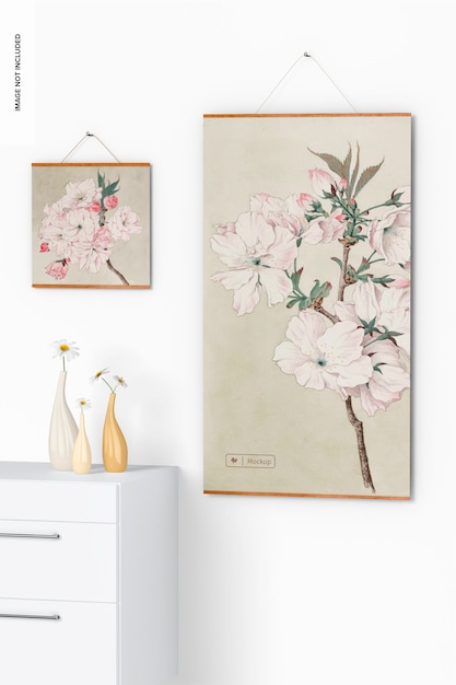 Long Wooden Frame Poster Hanger with Flower Vase Mockup