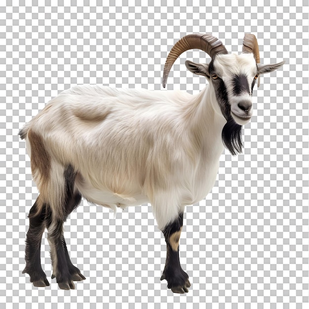 A longhorned goat on white backdrop