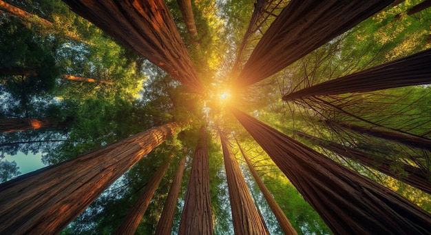 Looking up at the redwoods in the forest with sun shining through Pristine forest wallpaper