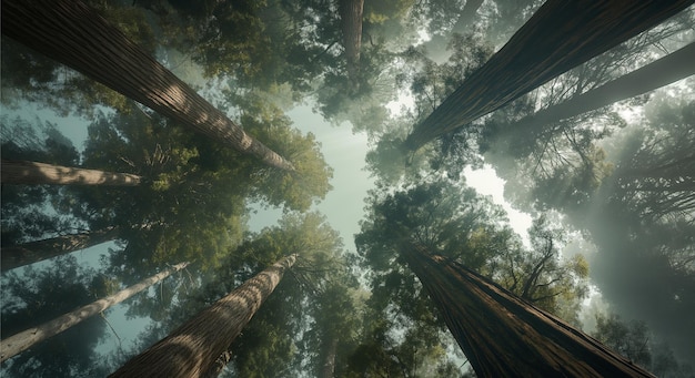 Looking up at the redwoods in the forest with sun shining through Pristine forest wallpaper