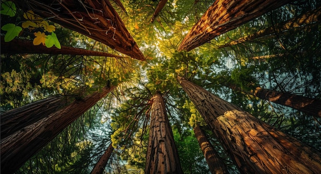 Looking up at the redwoods in the forest with sun shining through Pristine forest wallpaper