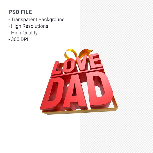 Love dad with bow and ribbon 3D rendering isolated